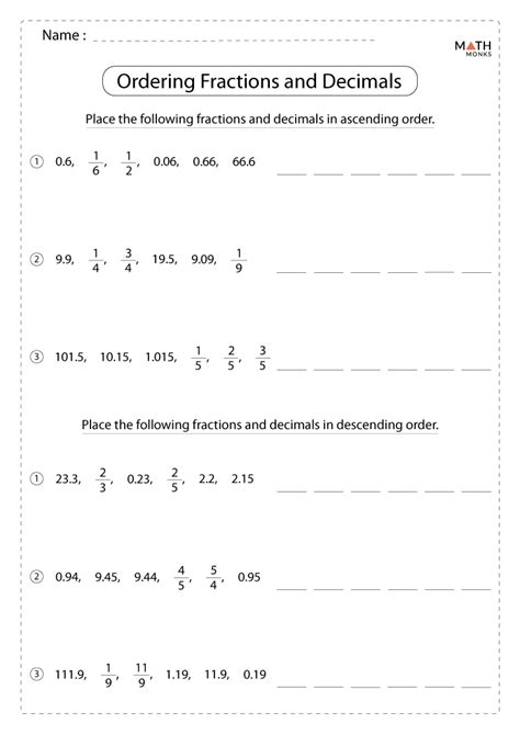ordering fractions and decimals worksheet with answers